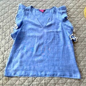 Lilly Pulitzer Linen top with pompon detail, size L.